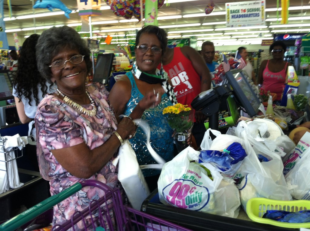 Emelia with daughter Wilma, 76. She loaded up her cart and only spent merely $28.50. 